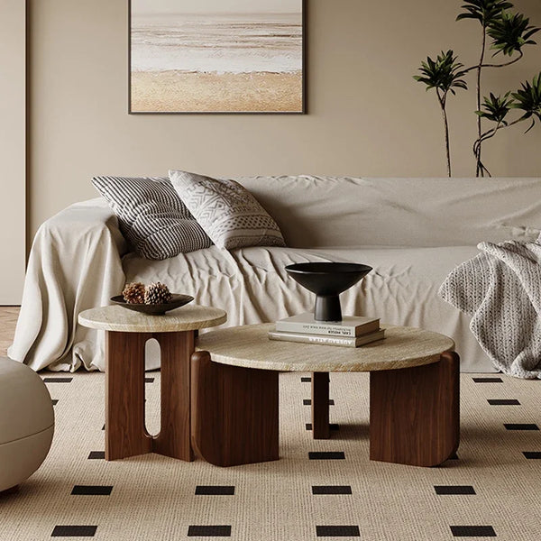 Nordic Solid Wood & Travertine Side Table – Modern Round Corner Coffee Table