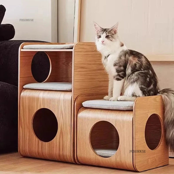 Modern Solid Wood Cat House – Japanese-Inspired Luxury Cat Villa