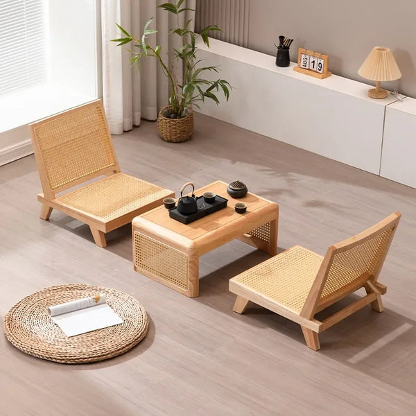 Mid-Century Japanese Style Solid Wood Rattan Tea Table – Small Low Side Table
