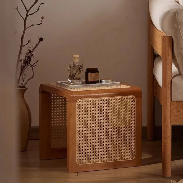 Japanese-Style Solid Wood Rattan Table – Bedside or Coffee Use