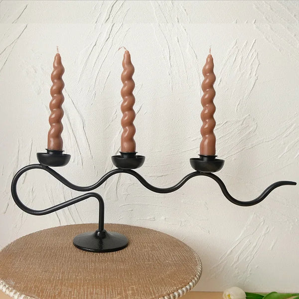 Nordic Black Metal Candleholder – Wavy Iron Candelabra Decor