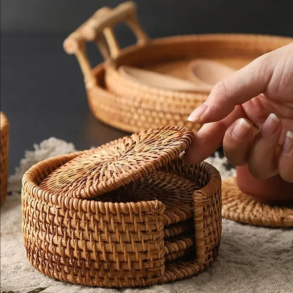 Rattan Woven Drink Coasters – 3/6Pcs Heat-Resistant Tea Mats