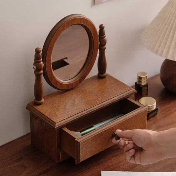 Nordic Wooden Makeup Mirror – Vintage Style with Storage