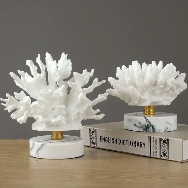 White Resin Coral Sculpture – Modern Decor on Marble Base