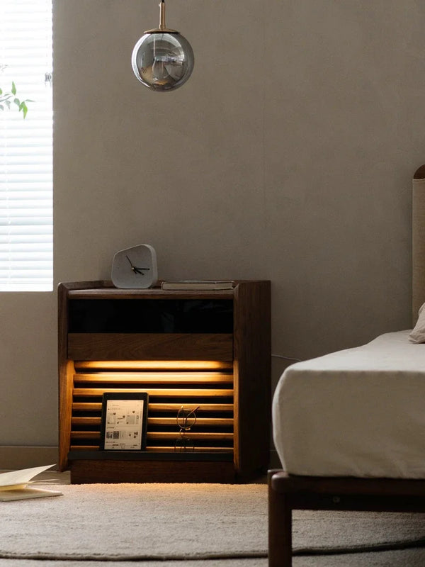 Nordic Black Walnut Bedside Table – Solid Wood Storage Cabinet