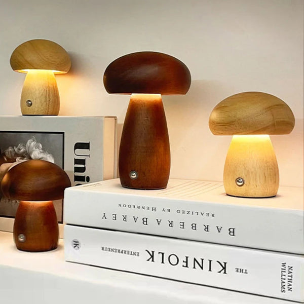 INS Wooden Mushroom Night Light Rechargeable Bedside Lamp
