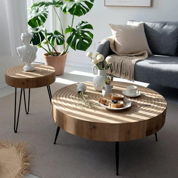 2-Piece Boho Farmhouse Nesting Coffee Table Set – Round Wood with Ring Motif
