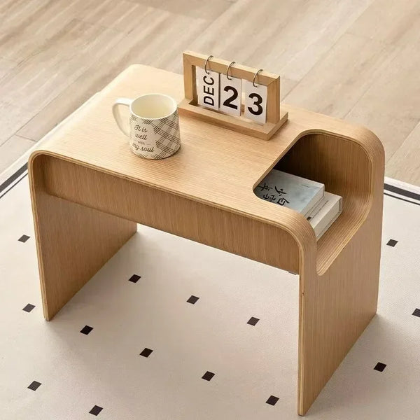 C-Shaped Solid Wood Side Table – Storage Cabinet & Coffee Stand