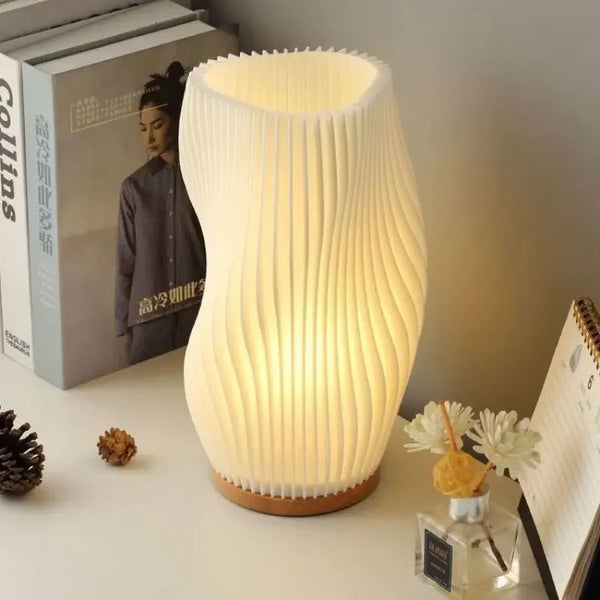 Japanese Pleated Table Lamp – Wooden Base Ambient Night Light