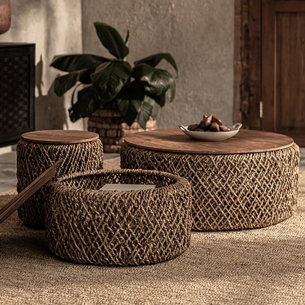 Teak Rattan Coffee Table – Round Stowable Southeast Asian Style