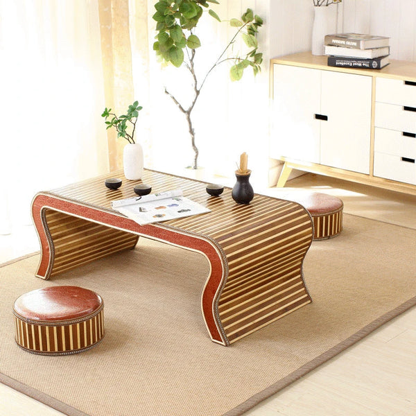 Bamboo Woven Antique Chinese Style Tea Table – Low Desk with Chairs