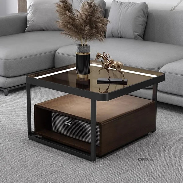Italian Square Coffee Table – Solid Wood & Glass Light Luxury Design