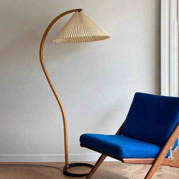 Nordic Pleated LED Floor Lamp – Solid Wood Standing Light for Bedroom & Living Room