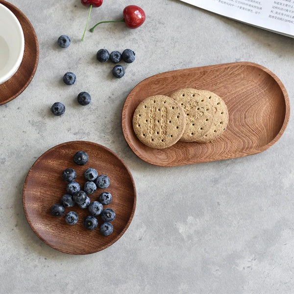 Japanese Wood Dessert Plate – Round Walnut Snack Tray