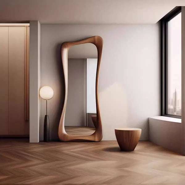 French Light Luxury Full-Length Mirror with Walnut Irregular Frame