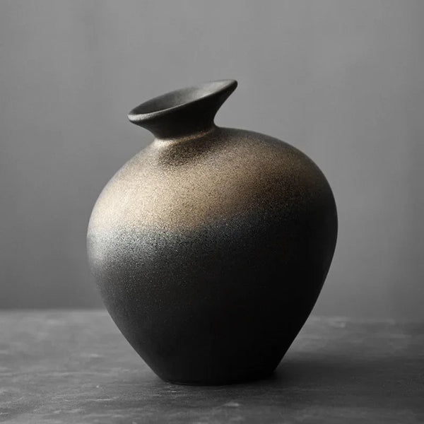 Japanese Black Terracotta Vase – Imitation Stone Abstract Decor