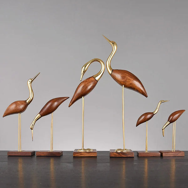 Wood & Brass Crane Sculpture – Elegant Bird Figurine Decor