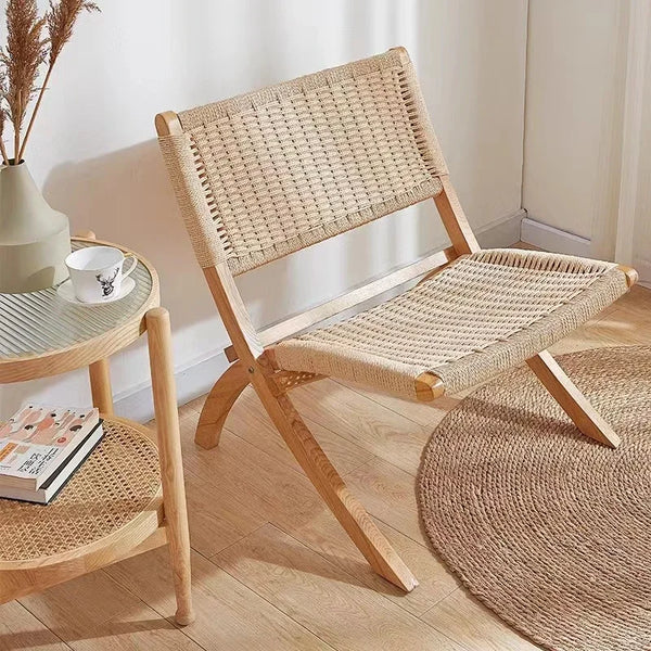 Folding Wooden Chaise Lounge – Portable Wicker Sunbed Recliner