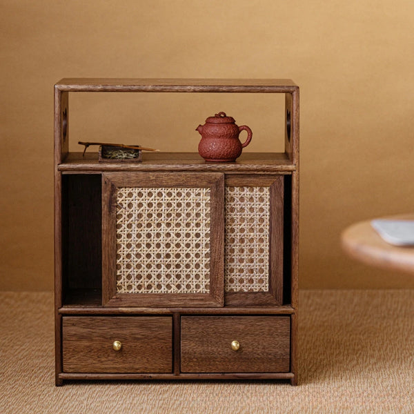 Walnut Tea Set Storage Box – Glass Display for Cups & Teapot